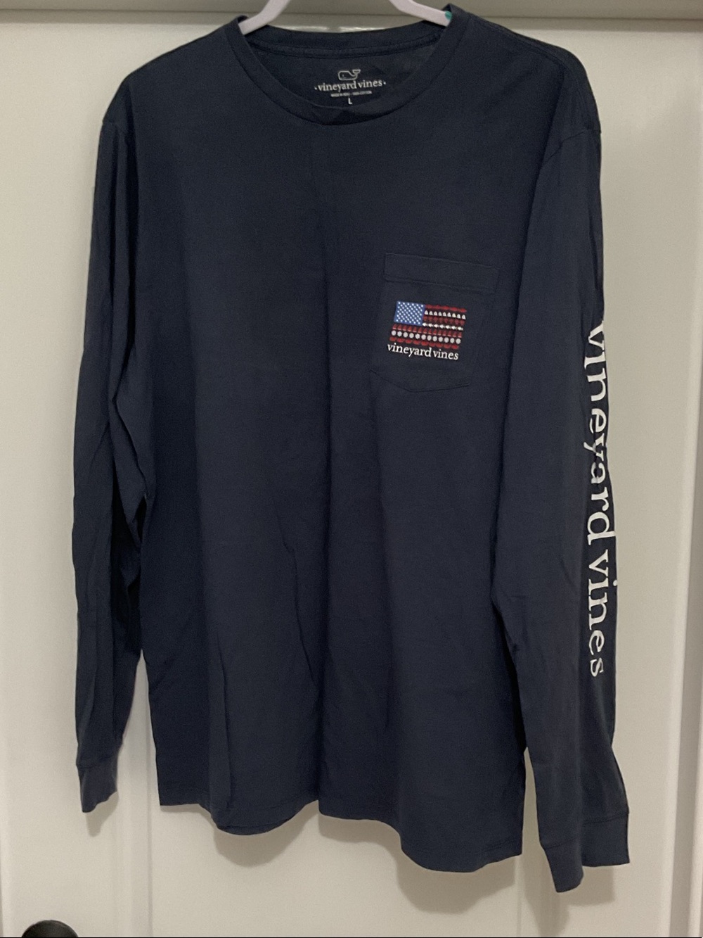 Vineyard Vines Navy Long-Sleeve Pocket Tee with Flag Graphic